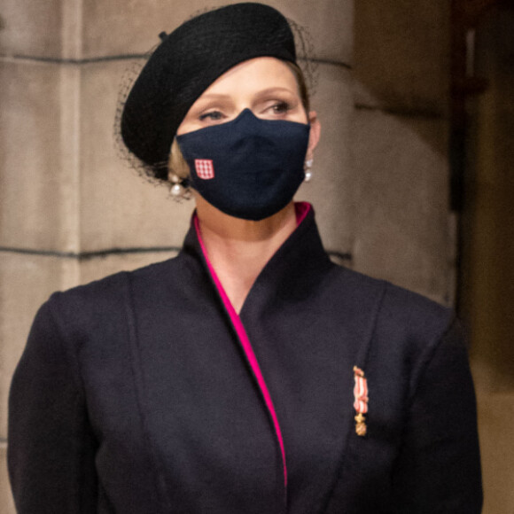 La princesse Charlène de Monaco, le prince Albert II - La famille princière assiste à la messe d'action de grace avec Te Deum à la cathédrale de Monaco à l'occasion de la Fête Nationale 2020 de la principauté de Monaco le 19 novembre 2020. © Olivier Huitel / Pool Monaco / Bestimage