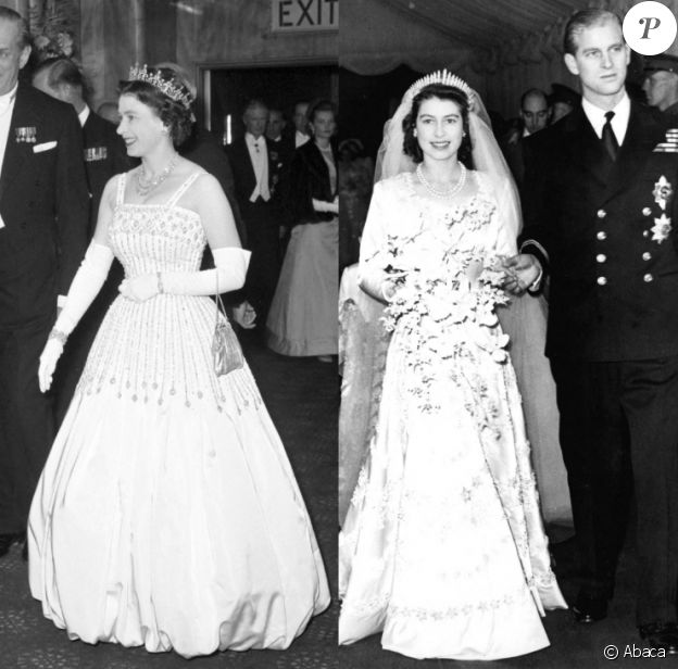 La reine Elizabeth portant sa robe Norman Hartnell à Londres, en 1962 - La reine Elizabeth lors de son mariage avec le prince Philip en 1947, avec sa tiare préférée. La robe et la tiare ont été portées par sa petite-fille la princesse Beatrice pour son mariage, le 17 juillet 2020.
