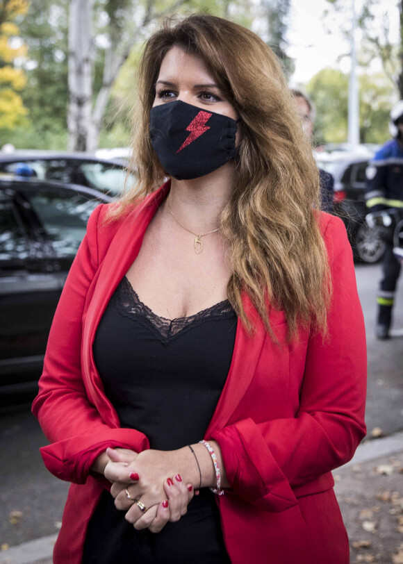 Marlène Schiappa, ministre déléguée en charge de la citoyenneté, avec un masque, est en déplacement à Strasbourg pour rencontrer les forces de l'ordre engagées sur le terrain contre le harcèlement de rue à la suite d'agressions commises sur de jeunes femmes. © Elyxandro Cegarra / Panoramic / Bestimage