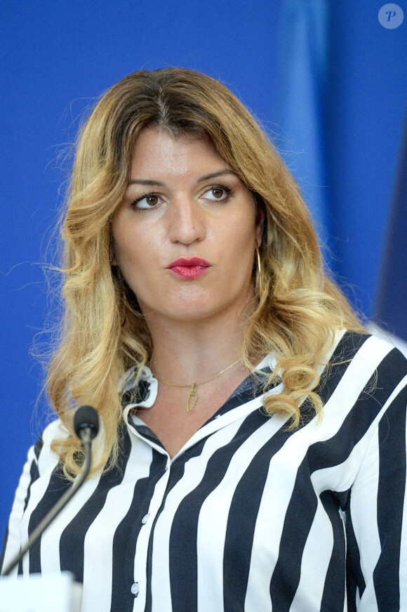 Marlène Schiappa, ministre déléguée en charge de la citoyenneté lors d'une conférence de presse sur la présentation des objectifs de la ministre déléguée à la citoyenneté au ministère de l'Intérieur à Paris le 31 août 2020.