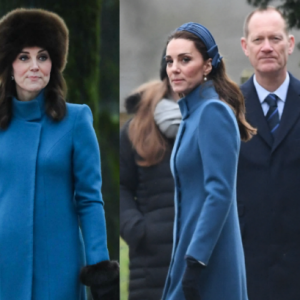 Kate Middleton portant son manteau bleu Catherine Walker : en décembre 2020 en Ecosse, en février 2018 à Oslo et janvier 2019 à Sandringham.