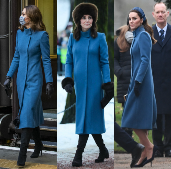 Kate Middleton portant son manteau bleu Catherine Walker : en décembre 2020 en Ecosse, en février 2018 à Oslo et janvier 2019 à Sandringham.