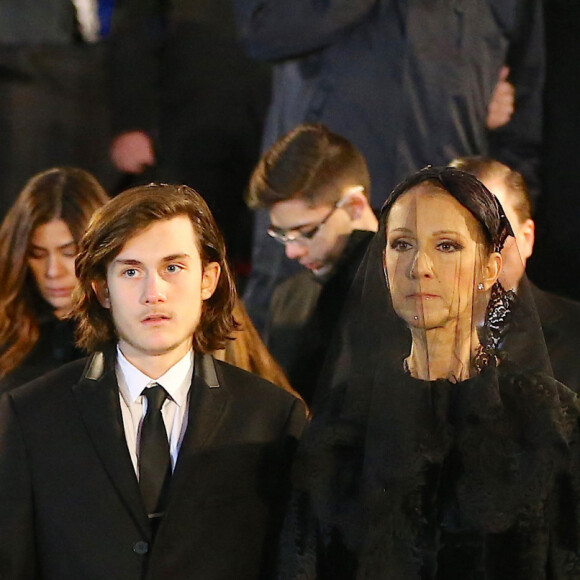 Céline Dion, ses enfants René-Charles Angélil, les jumeaux Nelson Angélil et Eddy Angélil - Sorties des obsèques nationales de René Angélil en la Basilique Notre-Dame de Montréal, le 22 janvier 2016. © Morgan Dessales/Bestimage 