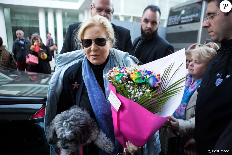 Exclusif - Sylvie Vartan arrive en compagnie de son chien Muffin, au théâtre Royal de Mons en Belgique pour donner un concert en hommage à Johnny Hallyday. Le 18 novembre 2018.
