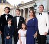 Le prince Joachim de Danemark, la princesse Marie de Danemark, le prince Nikolai de Danemark, le prince Felix de Danemark, le prince Henrik de Danemark, la princesse Athena de Danemark - Célébration du 50ème anniversaire du prince J. de Danemark, dîner organisé par la reine M.II de Danemark au chateau Amalienborg, Copenhague.