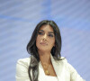 Kim Kardashian s'exprime devant la séance plénière du "Marché des idées" lors du Congrès mondial des technologies de l'information (WCIT 2019) à Erevan, en Arménie le 8 octobre 2019.