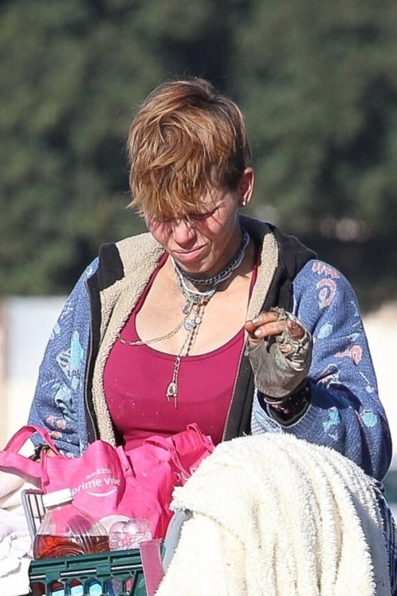 Exclusif - Loni Willison, ancienne actrice de Alerte à Malibu et désormais sans-abri, rôde dans les rues de Santa Monica avec ses affaires sur un chariot le 18 janvier 2021.