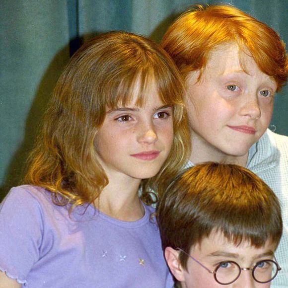 Emma Watson, Daniel Radcliffe et Rupert Grint pendant une conférence de presse à Londres. 