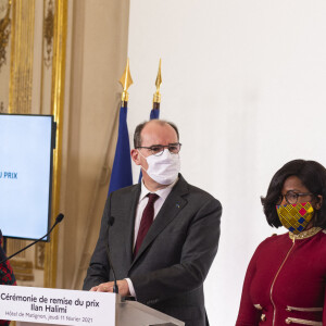 Jean Castex, Premier minstre, Roselyne Bachelot, ministre de la Culture et Elisabeth Moreno, ministre déléguée auprès du Premier ministre, chargée de l'Égalité entre les femmes et les hommes, de la Diversité et de l'Égalité des chances assistent à la remise du Prix Ilan Halimi à l'Hotel Matignon à Paris, France, le 11 février 2021. © Pierre Perusseau/Bestimage 