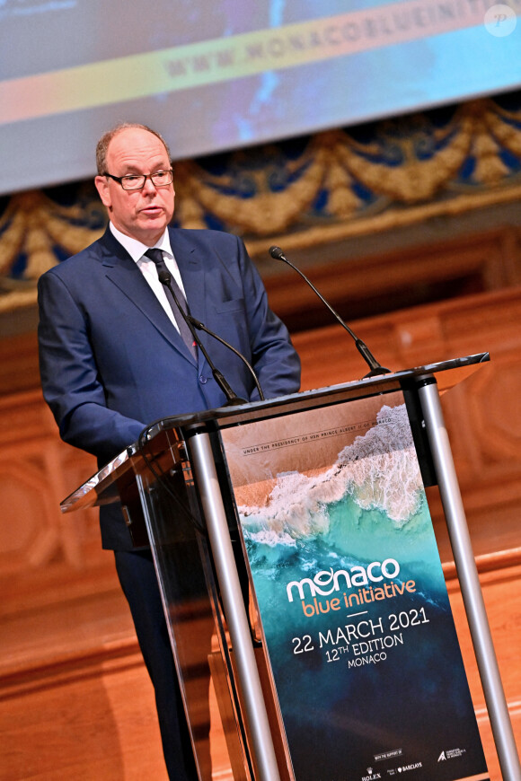 Le prince Albert II de Monaco ouvre la 12ème édition de la journée "Monaco Blue Initiative" au musée océanographique de Monaco le 22 mars 2021. Cette opération s'inscrit dans le cadre de la Monaco Ocean Week qui va se dérouler toute la semaine en Principauté. © Bruno Bebert / Bestimage