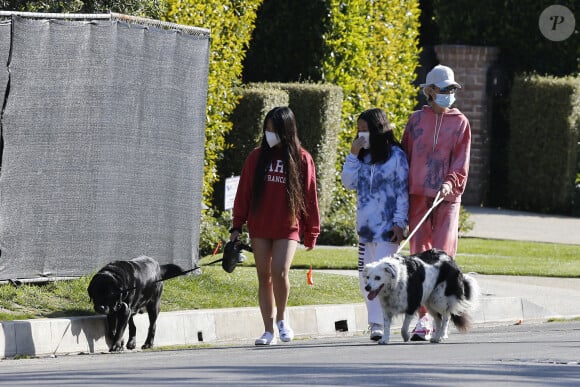 Laeticia Hallyday, ses filles Jade et Joy, Christina, avec des masques, et leurs chiens Santos, Cheyenne et Bono se promènent dans le quartier de Pacific Palisades, à Los Angeles, Californie, Etats-Unis, le 3 avril 2020, pendant la période de confinement.
