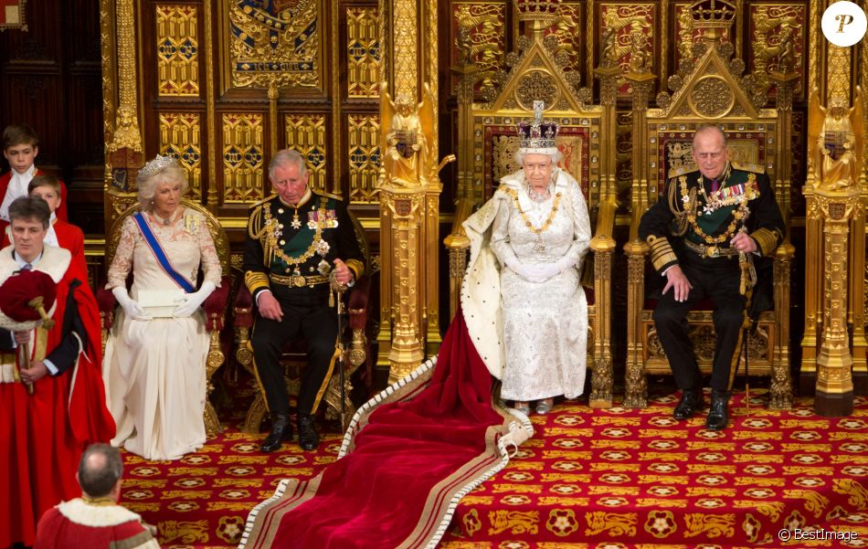 Camilla Parker Bowles, la duchesse de Cornouailles, le Prince Charles de Galles, la Reine Elisabeth II et le prince Philip, duc d'Edimbourg - Ceremonie d'ouverture du Parlement a Londres, le 8 mai 2013.