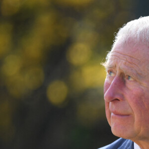 Le prince Charles, prince de Galles, passe en revue les hommages au prince Philip dans les jardins de Marlborough House à Londres le 15 avril 2021.