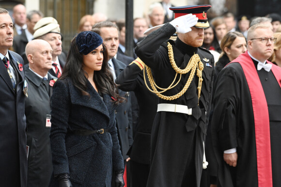 Le prince Harry, duc de Sussex, et Meghan Markle, duchesse de Sussex, assistent au 'Remembrance Day', une cérémonie d'hommage à tous ceux qui sont battus pour la Grande-Bretagne, à la Westminster Abbey. Le 7 novembre 2019. © Ray Tang via Zuma Press/Bestimage