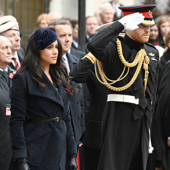 Le prince Harry, duc de Sussex, et Meghan Markle, duchesse de Sussex, assistent au 'Remembrance Day', une cérémonie d'hommage à tous ceux qui sont battus pour la Grande-Bretagne, à la Westminster Abbey. Le 7 novembre 2019. © Ray Tang via Zuma Press/Bestimage