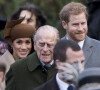 Le prince Philip, duc d'Edimbourg, le prince Harry et sa fiancée Meghan Markle à Sandringham le 25 décembre 2017.