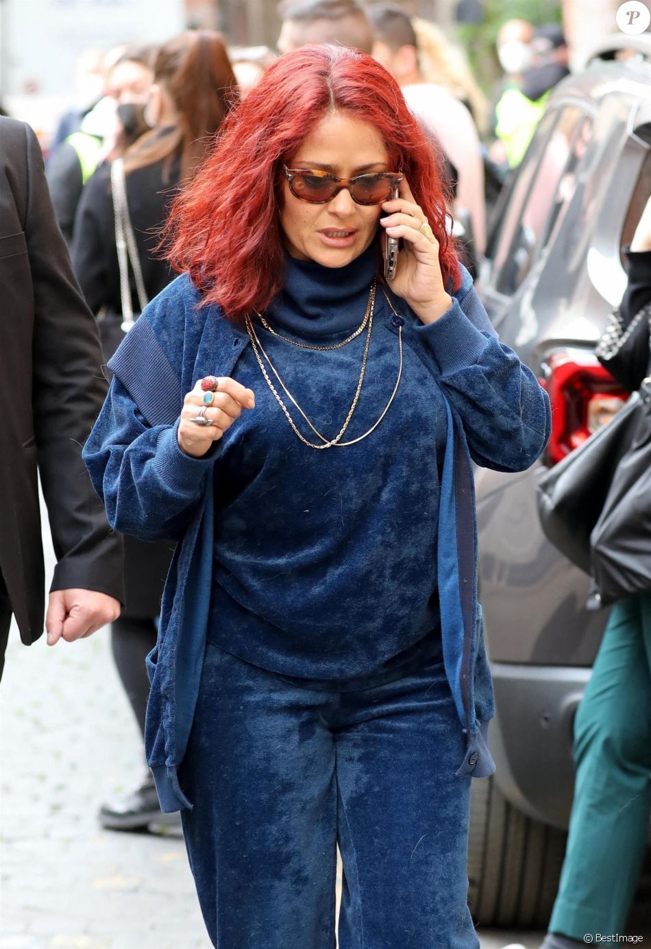 Exclusif - Salma Hayek sur le tournage du film "Gucci" de R. Scott à Rome, le 23 avril 2021.