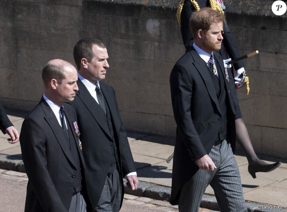 Le prince Harry, duc de Sussex, Peter Phillips, le prince William, duc de Cambridge - Arrivées aux funérailles du prince Philip, duc d'Edimbourg à la chapelle Saint-Georges du château de Windsor, le 17 avril 2021.