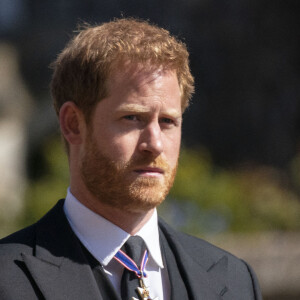 Le prince Harry, duc de Sussex, - Arrivées aux funérailles du prince Philip, duc d'Edimbourg à la chapelle Saint-Georges du château de Windsor, le 17 avril 2021.