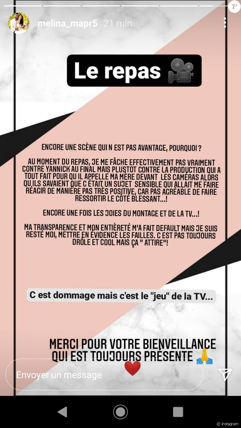 Mélina de "Mariés au premier regard 2021" fait une mise au point sur son comportement, le 3 mai, sur Instagram