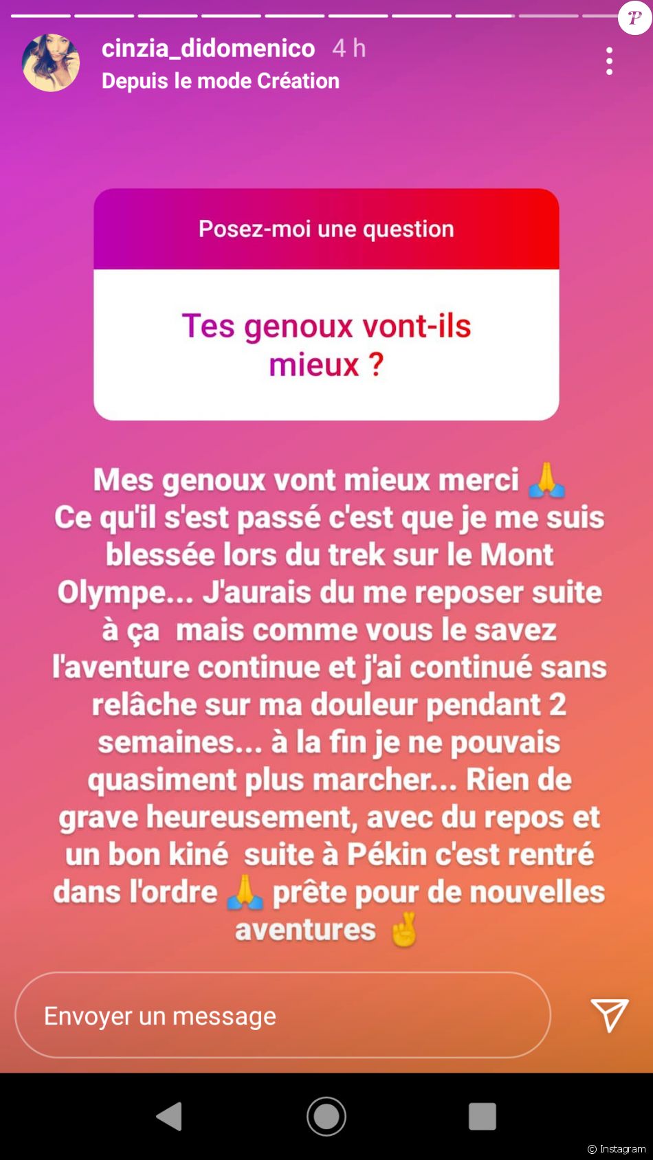 Cinzia de "Pékin Express 2021" répond aux questions de ses fans sur Instagram, le 3 mai 2021