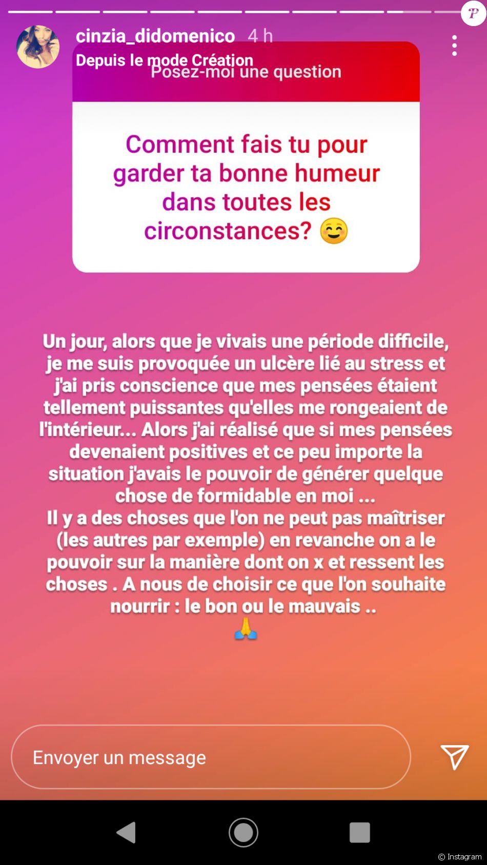 Cinzia de "Pékin Express 2021" répond aux questions de ses fans sur Instagram, le 3 mai 2021
