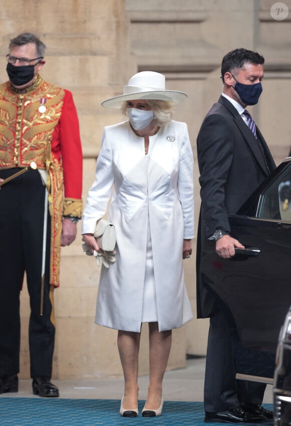 Camilla Parker Bowles, duchesse de Cornouailles, arrive au palais de Westminster à Londres, Royaume Uni, le 11 mai 2021, pour le discours d'ouverture de la session parlementaire de la reine Elisabeth II d'Angleterre.