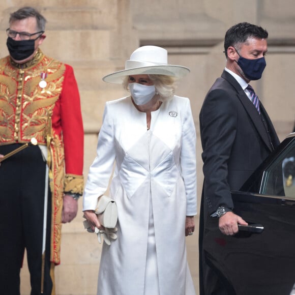 Camilla Parker Bowles, duchesse de Cornouailles, arrive au palais de Westminster à Londres, Royaume Uni, le 11 mai 2021, pour le discours d'ouverture de la session parlementaire de la reine Elisabeth II d'Angleterre.