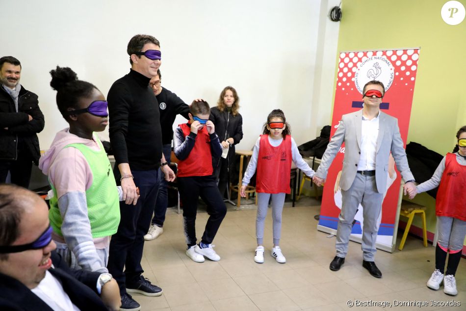 Exclusif - Benjamin Griveaux, candidat LREM à la mairie de Paris à rendu visite aux Usépiades de Paris et de Seine-Saint-Denis qui se déroulaient au stade Jules Ladoumègue dans le cadre de la semaine Olympique et Paralympique 2020. Benjamin Griveaux a notamment participé à une initiation au cécifoot. Paris, le 6 Février 2020 © Dominique Jacovides / Bestimage