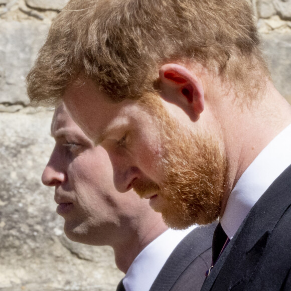 Le prince Harry, duc de Sussex, le prince William, duc de Cambridge - Arrivées aux funérailles du prince Philip, duc d'Edimbourg à la chapelle Saint-Georges du château de Windsor, le 17 avril 2021.