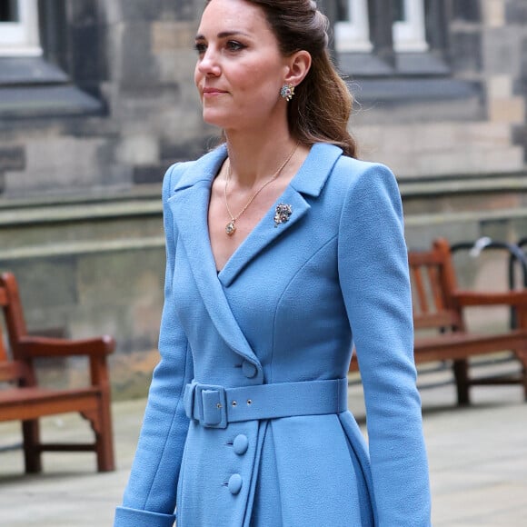 Catherine (Kate) Middleton, duchesse de Cambridge, arrive pour la cérémonie de clôture de l'Assemblée générale de l'Église d'Écosse, à la salle de l'Assemblée à Édimbourg, Ecosse, Royaume Uni, le 27 mai 2021. 