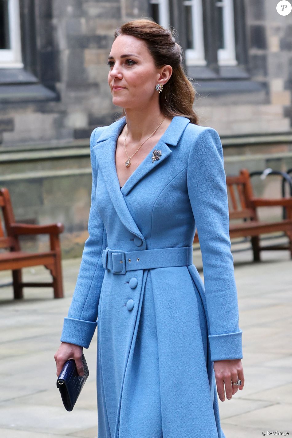 Catherine (Kate) Middleton, duchesse de Cambridge, arrive pour la cérémonie de clôture de l'Assemblée générale de l'Église d'Écosse, à la salle de l'Assemblée à Édimbourg, Ecosse, Royaume Uni, le 27 mai 2021.