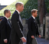 Peter Phillips, le prince William, duc de Cambridge, le prince Harry, duc de Sussex - Arrivées aux funérailles du prince Philip, duc d'Edimbourg à la chapelle Saint-Georges du château de Windsor, le 17 avril 2021.