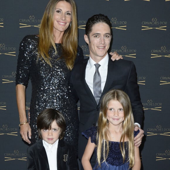 Sophie Thalmann, son mari Christophe Soumillon et leur enfants Charlie et Mika - 65ème édition des Cravaches d'Or au Théâtre des Champs-Elysées à Paris le 14 mars 2014.