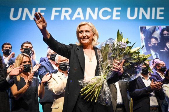 Discours de Marine Le Pen au Palais des Congres de Perpignan lors du congrès du Rassemblement National (RN) à Perpignan, France, le 4 juillet 2021. © Thierry Breton/Panoramic/Bestimage 
