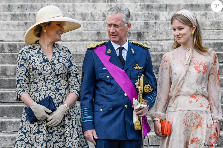 Le roi Philippe de Belgique, la reine Mathilde de Belgique et la princesse Elisabeth de Belgique - La famille royale de Belgique lors de la cérémonie du Te Deum à Bruxelles à l'occasion de la Fête Nationale belge. Le 21 juillet 2020