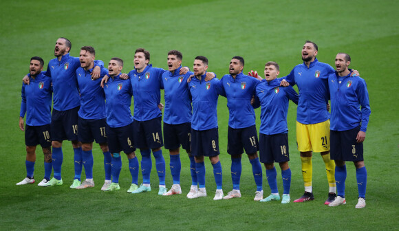 Marco Verratti (4e en partant de la gauche) et l'équipe d'Italie lors de la demi-finale de l'Euro 2020 face à l'Espagne au stade de Wembley. Londres, le 6 juillet 2021.