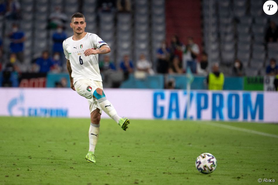Marco Verratti lors du quart de finale de l'Euro 2020 entre la Belgique et l'Italie à l'Allianz Arena. Munich, le 2 juillet 2021.