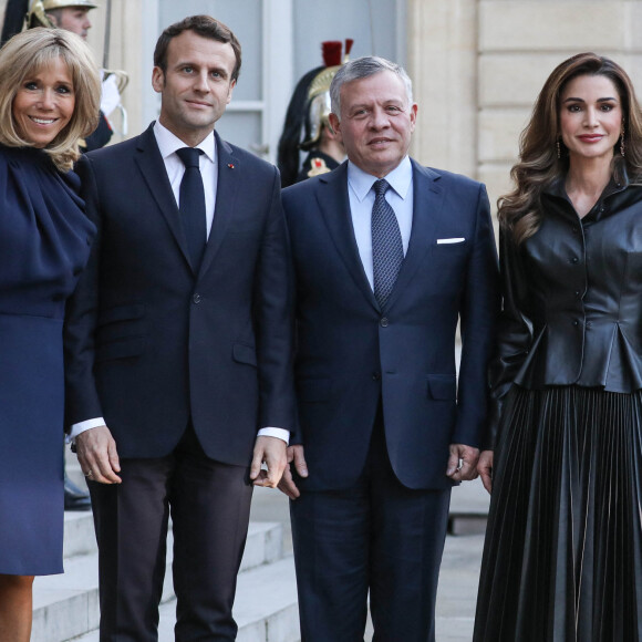 Brigitte Macron, le président Emmanuel Macron, le roi Abdallah II de Jordanie, la reine Rania - Le président de la République française et sa femme accueillent le roi et la reine de Jordanie au palais de l'Elysée à Paris le 29 mars 2019. © Stéphane Lemouton / Bestimage