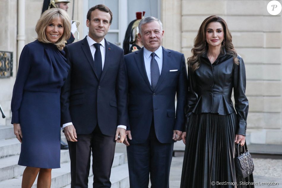 Brigitte Macron, le président Emmanuel Macron, le roi Abdallah II de Jordanie, la reine Rania - Le président de la République française et sa femme accueillent le roi et la reine de Jordanie au palais de l'Elysée à Paris le 29 mars 2019. © Stéphane Lemouton / Bestimage
