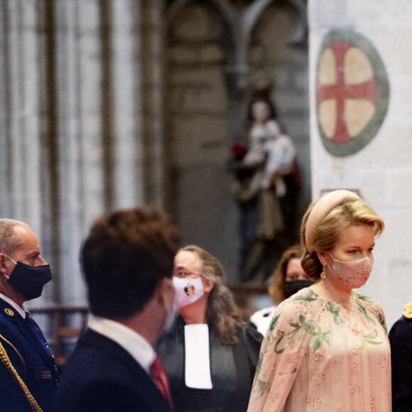 Le Roi Philippe de Belgique, la Reine Mathilde de Belgique - La famille royale belge assiste à la cérémonie du "Te Deum" à la cathédrale des Saints Michel et Gudule à Bruxelles, à l'occasion de la Fête nationale belge, le 21 juillet 2021.