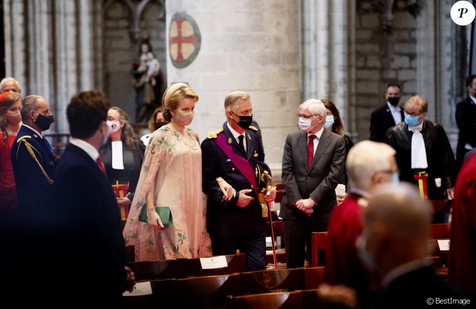Le Roi Philippe de Belgique, la Reine Mathilde de Belgique - La famille royale belge assiste à la cérémonie du "Te Deum" à la cathédrale des Saints Michel et Gudule à Bruxelles, à l'occasion de la Fête nationale belge, le 21 juillet 2021.