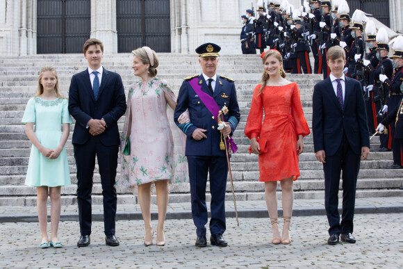 Le Roi Philippe de Belgique, la Reine Mathilde de Belgique, le prince Gabriel, le prince Emmanuel la princesse Eléonore, la princesse Elisabeth - La famille royale belge assiste à la cérémonie du "Te Deum" à la cathédrale des Saints Michel et Gudule à Bruxelles, à l'occasion de la Fête nationale belge.