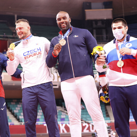 Guram Tushishvili (Géorgie), Lukas Krpalek (République Tchèque), Teddy Riner (France) et Tamerlan Bashaev (Comité Olympique Russe) sur le podium à l'épreuve de judo (+100 kilos) aux Jeux Olympiques de Tokyo. Le 30 juillet 2021. © JB Autissier / Panoramic / Bestimage