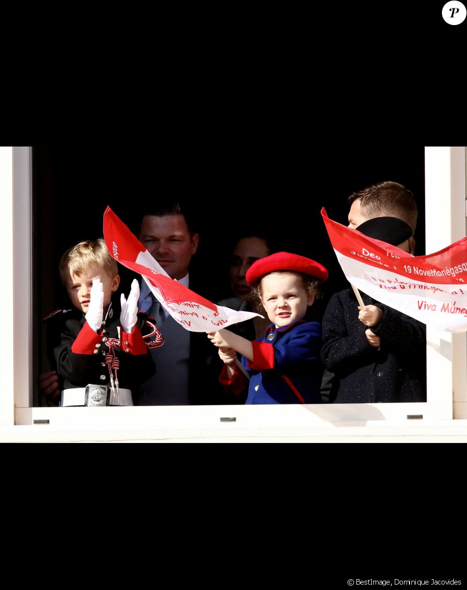 Le prince Jacques et la princesse Gabriella, Sean Wittstock et sa femme Chantell - La famille princière de Monaco au balcon du palais lors de la Fête nationale monégasque à Monaco. Le 19 novembre 2019 © Dominique Jacovides / Bestimage