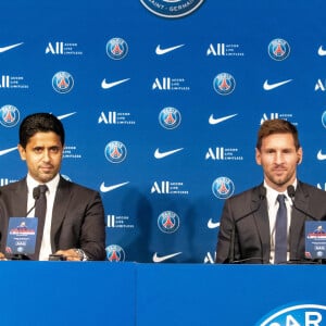 Nasser al-Khelaïfi, président du PSG (Paris Saint-Germain) - Conférence de presse de Lionel Messi à l'auditorium du Parc des Princes à Paris le 11 août 2021. © Pierre Perusseau / Bestimage