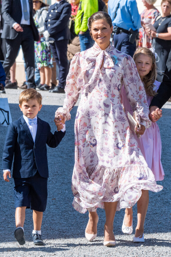 La princesse Victoria de Suède, la princesse Estelle de Suède et le prince Oscar de Suède - La famille royale suédoise au baptême du prince Julian, duc de Halland au château de Drottningholm sur l'île de Lovön à Ekero en Suède, le 14 août 2021. 