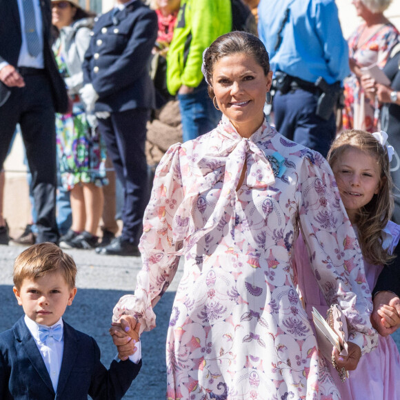 La princesse Victoria de Suède, la princesse Estelle de Suède et le prince Oscar de Suède - La famille royale suédoise au baptême du prince Julian, duc de Halland au château de Drottningholm sur l'île de Lovön à Ekero en Suède, le 14 août 2021. 