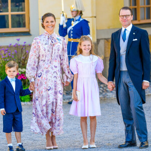La princesse Victoria de Suède, le prince Daniel, la princesse Estelle, le prince Oscar - La famille royale suédoise au baptême du prince Julian, duc de Halland au château de Drottningholm sur l'île de Lovön à Ekero en Suède le 14 août 2021.