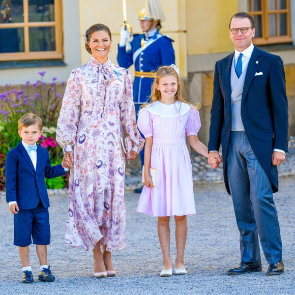 La princesse Victoria de Suède, le prince Daniel, la princesse Estelle, le prince Oscar - La famille royale suédoise au baptême du prince Julian, duc de Halland au château de Drottningholm sur l'île de Lovön à Ekero en Suède le 14 août 2021.